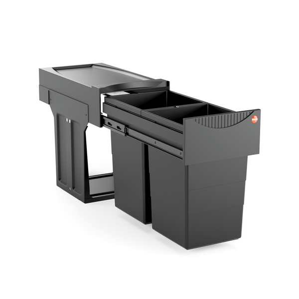 Ausziehbares Abfalltrennsystem von Hailo in Dunkelgrau mit zwei Mülleimern für den Küchenunterschrank, Hailo Logo.