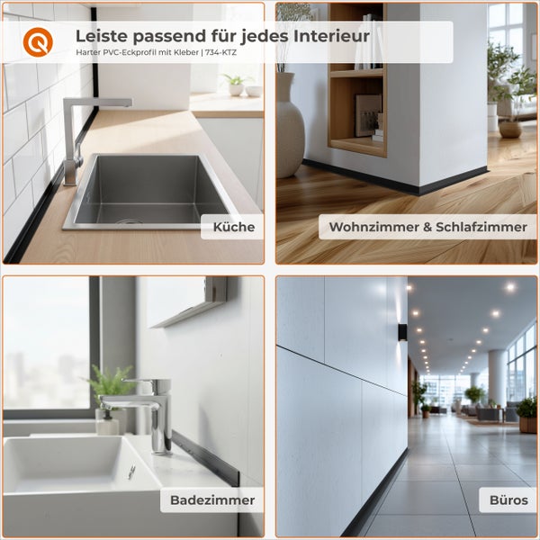 Anwendungsbeispiele für Eckprofile aus hartem PVC in Küche, Wohn- und Schlafzimmer, Bad und Büro