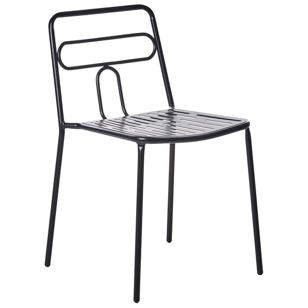 Schwarzer Metallstuhl mit Lattenrostsitz