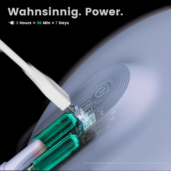 Abbildung einer elektrischen Zahnbürste, die mit einem Ladegerät verbunden ist und die Akkulaufzeit hervorhebt