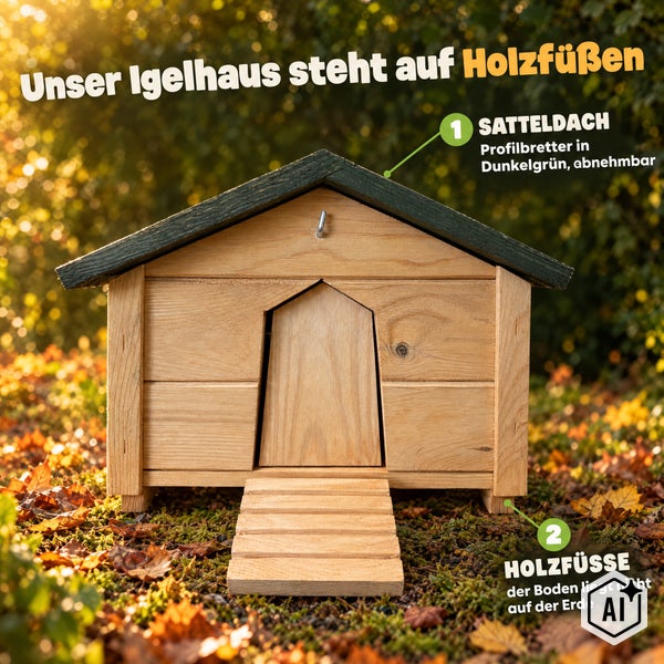 Holzhaus für Kleintiere mit einem Eingang, Rampe und Dach aus Holz in verschiedenen Ansichten im Außenbereich.