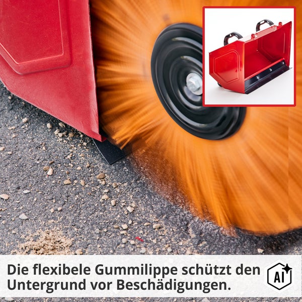 Kehrgutbehälter für Kehrmaschine mit Gummilippe zum Schutz des Untergrunds bei der Reinigung.