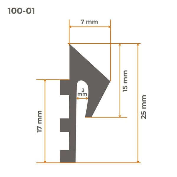 Abmessungen eines Profils mit einer Höhe von 25 mm und einer Breite von 7 mm