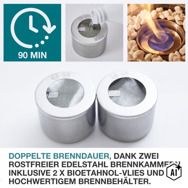 Zwei Edelstahl Brennkammern für Bioethanol mit Vlies und neunzig Minuten Brenndauer für Tischfeuer oder Dekokamine.