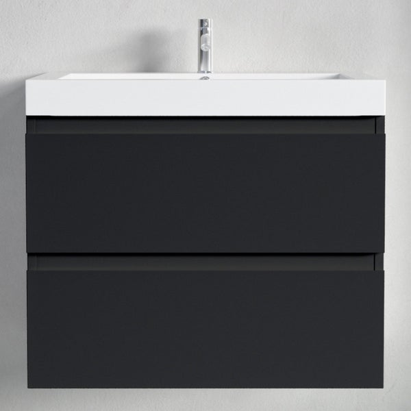 Schwarzer Waschtischunterschrank mit zwei Schubladen, weißem Waschbecken und Armatur.