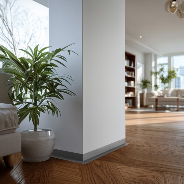 Innenraumszene mit Sockelleiste, Zimmerpflanze und Holzboden