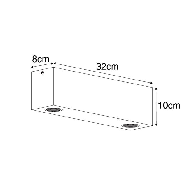 Technische Zeichnung einer 32 cm langen, 10 cm hohen und 8 cm breiten Wandleuchte mit zwei Leuchten