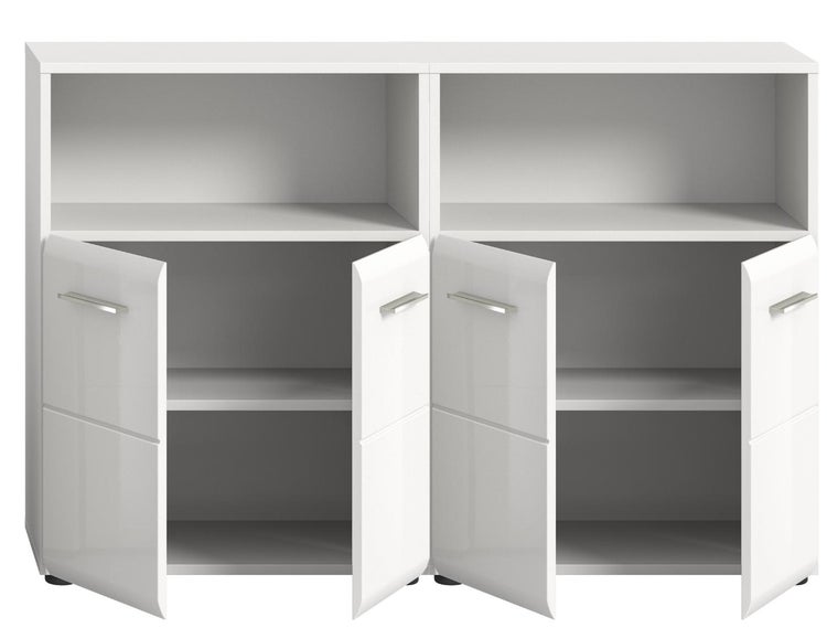 Weißes Sideboard mit vier Türen und zwei offenen Regalfächern, Hochglanz-Oberfläche und silberfarbene Griffe.