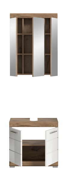 Badezimmermöbel Set bestehend aus Spiegelschrank mit drei Türen und Waschbeckenunterschrank in Eichenoptik mit weißen Hochglanzfronten.