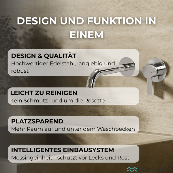 Unterputz Waschtischarmatur aus Edelstahl mit Einhebelmischer, Wandmontage, platzsparendes Design und robuste Messing Einbaueinheit.