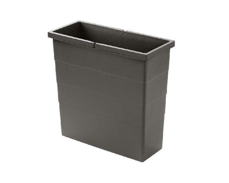 Rechteckiger Abfalleimer aus dunkelgrauem Kunststoff mit horizontalen Linien.