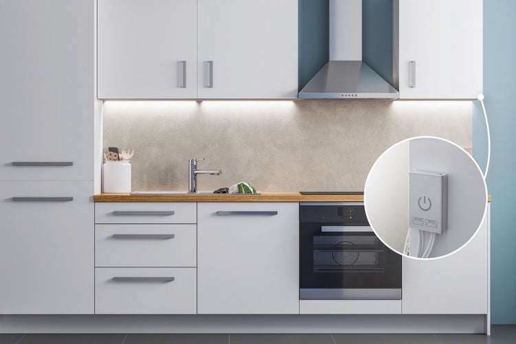 Moderne Küche mit integriertem LED Schalter für Unterbauleuchten und Touch Funktion zur Steuerung der Küchenbeleuchtung.