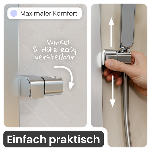Verstellbare Duschkopfhalterung für Brausestangen, Neigungswinkel und Höhe einfach anpassbar.