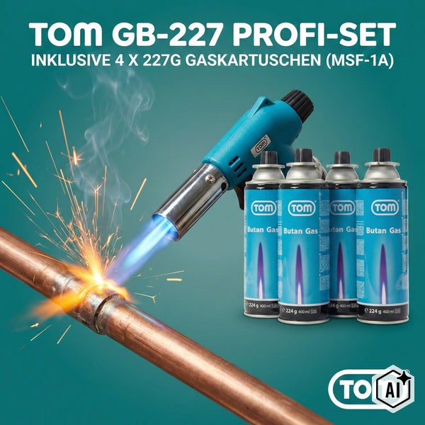 TOM Gasloetset GB 227 Profi mit Loetbrenner und vier Butangaskartuschen MSF 1A zum Loeten von Kupferrohren