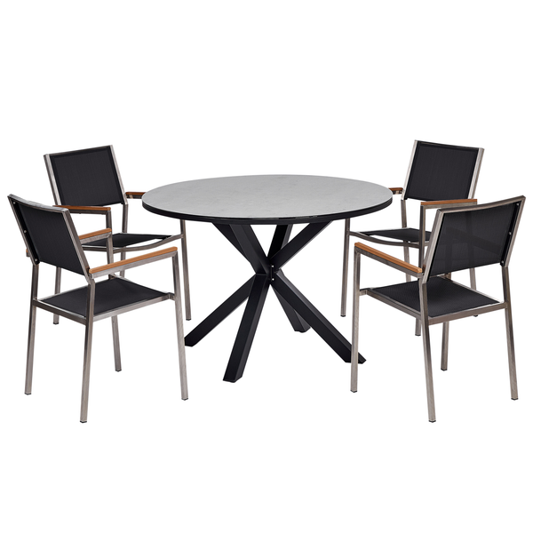 Gartentischgruppe mit rundem Tisch und vier Stühlen aus Metall und Textilgewebe