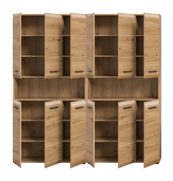 Großer Schrank in Eichenoptik mit acht Türen, offenen Regalfächern und schwarzen Griffen.