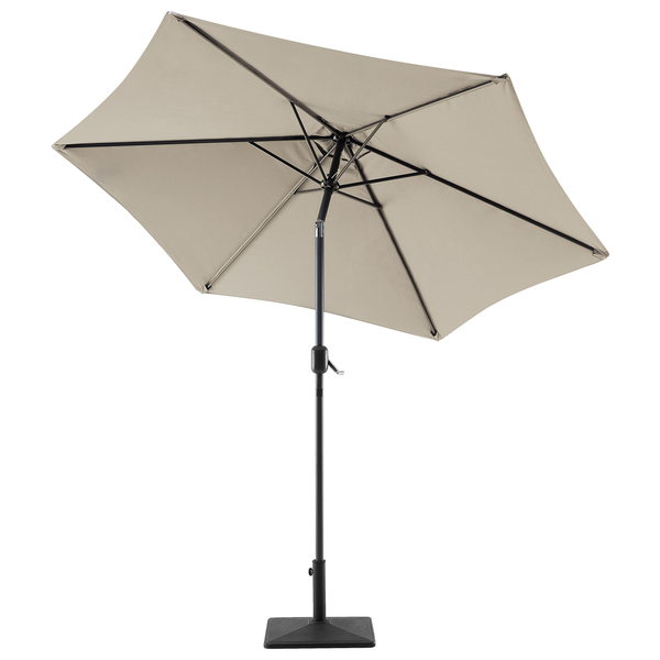 Sonnenschirm mit Kurbel und Knickvorrichtung, sechseckig, grauer Stoff, schwarzes Metallgestell und Standfuß.