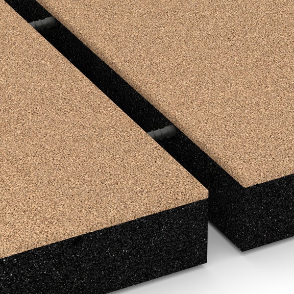 Fallschutzmatten aus schwarzem Gummigranulat mit beigefarbener Oberfläche, verbunden durch zwei schwarze Verbindungsstifte.