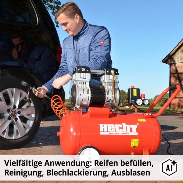 Ein Mann benutzt einen Hecht Kompressor um einen Autoreifen aufzupumpen. Der fahrbare Kompressor hat einen Druckkessel und Manometer.