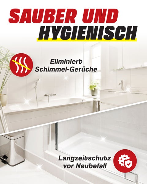 Helles Badezimmer mit Badewanne und Dusche, bewirbt Schimmelbeseitigung und Langzeitschutz vor Neubefall für hygienische Sauberkeit.