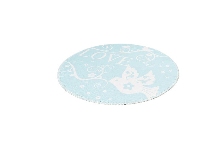Rundes Tischset in Hellblau mit Vogelmotiv, Blumenranken und dem Schriftzug LOVE.