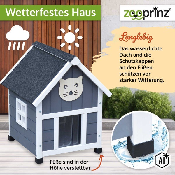 Wetterfestes Katzenhaus aus Holz mit wasserdichtem Dach und höhenverstellbaren Füßen mit Schutzabdeckungen, Zooprinz Logo.