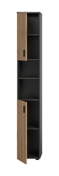 Hoher Badschrank mit zwei Türen in Holzoptik mit Rillenstruktur und anthrazitfarbenem Korpus mit offenen Regalfächern.