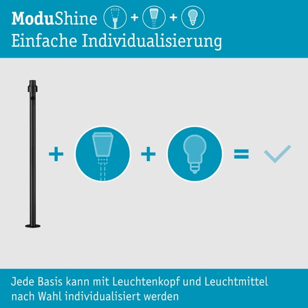 Infografik zum ModuShine System zeigt die Zusammenstellung aus Basis, Leuchtenkopf und Leuchtmittel für individuelle Leuchtenkonfigurationen.