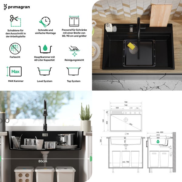 PRIMAGRAN Granitspüle Schwarz 78x53cm, Spülbecken 1 Becken + Küchenarmatur 40x38cm + Ablauf-Set + Küchenzubehörset, Küchenspüle ab 80er Unterschrank - Oslo Pocket