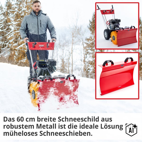 Person verwendet eine Hecht Kehrmaschine mit Schneeschild im Winter. Detailansicht des robusten 60 cm Metall Schneeschilds für Kehrmaschinen.
