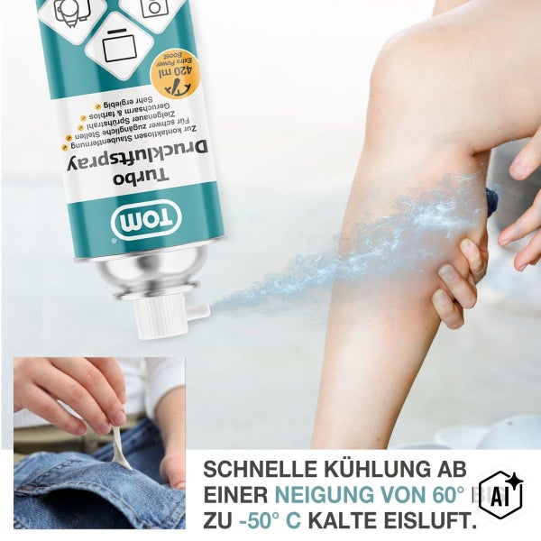 TOM Turbo Druckluftspray zur Kühlung und Staubentfernung in einer 420 Milliliter Dose mit Sprühkopf für präzise Anwendung