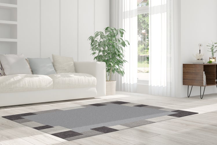 Helles Wohnzimmer mit weißem Sofa, großer Pflanze und grau gemustertem Teppich auf Holzboden. Ein Holzsideboard steht am Fenster mit Vorhängen.