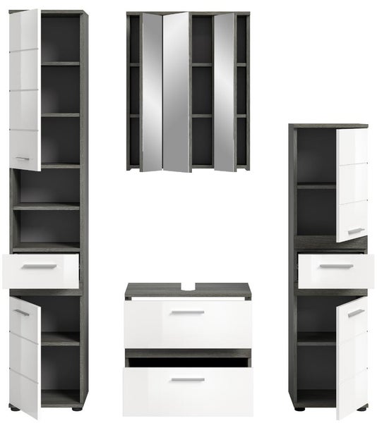 Badezimmermöbel-Set bestehend aus zwei Hochschränken mit offenen Fächern, einem Spiegelschrank und einem Waschbeckenunterschrank in Grau und Weiß.