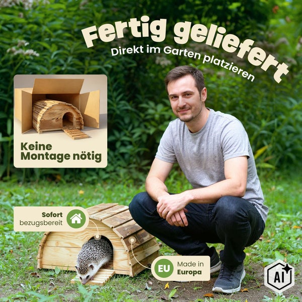 Mann kniet im Garten neben einem Igelhaus aus Holz, das fertig montiert geliefert wird und sofort bezugsfertig ist.