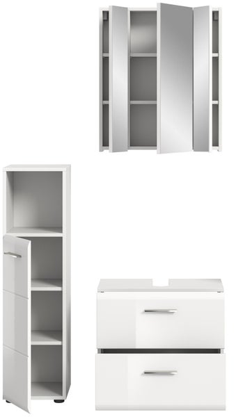 Badezimmermöbel Set bestehend aus Spiegelschrank mit drei Türen, Hochschrank und Waschtischunterschrank mit zwei Schubladen in Weiß.