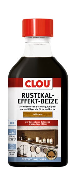 CLOU Rustikal-Effekt-Beize in Hellbraun für grobporige Hölzer, 250 Milliliter für circa 1,5 Quadratmeter, zur Gestaltung im Innenbereich.