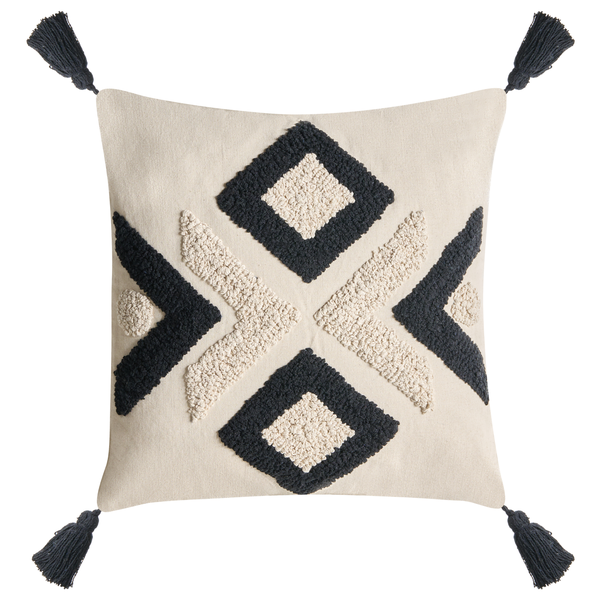 Dekokissen mit geometrischem Muster und Quasten