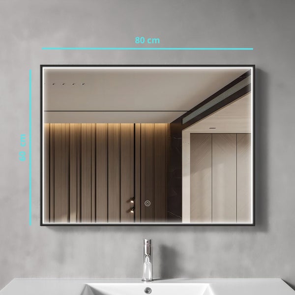 Rechteckiger Badezimmerspiegel mit LED Beleuchtung, 80 mal 60 Zentimeter, moderner Wandspiegel mit Touchschalter.