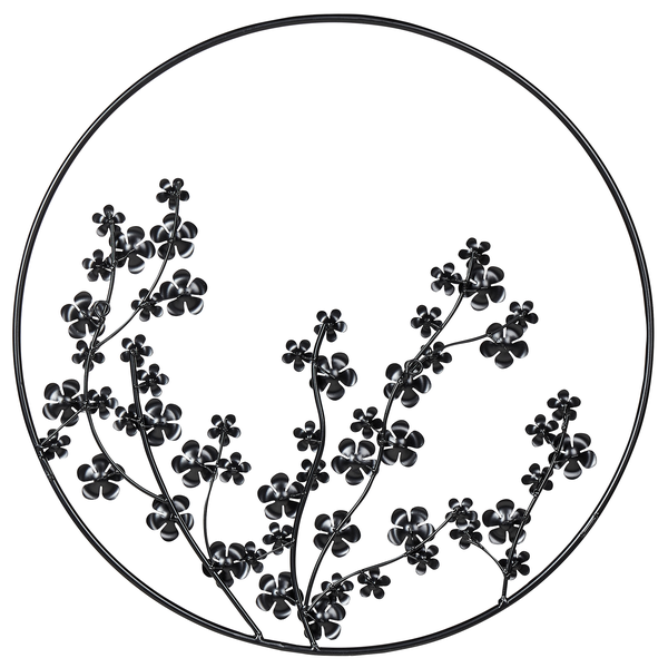 Dekorative Wandkunst aus Metall mit floralem Motiv in einem runden Rahmen