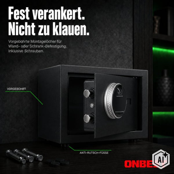 Einbruchsicherer Tresor mit vorgebohrten Montagelöchern für Wand oder Schrank inklusive Befestigungsschrauben und Antirutschfüßen von Onbest.