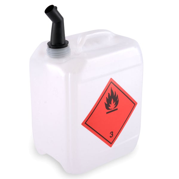 Kunststoffkanister mit Ausgießer und Gefahrenzeichen für entzündbare Stoffe