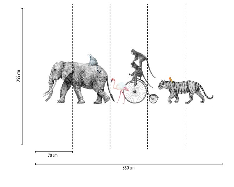 Fototapete mit Illustrationen: Elefant, Flamingo, Affen auf einem Hochrad und Tiger. Höhe 255 Zentimeter, Gesamtbreite 350 Zentimeter.