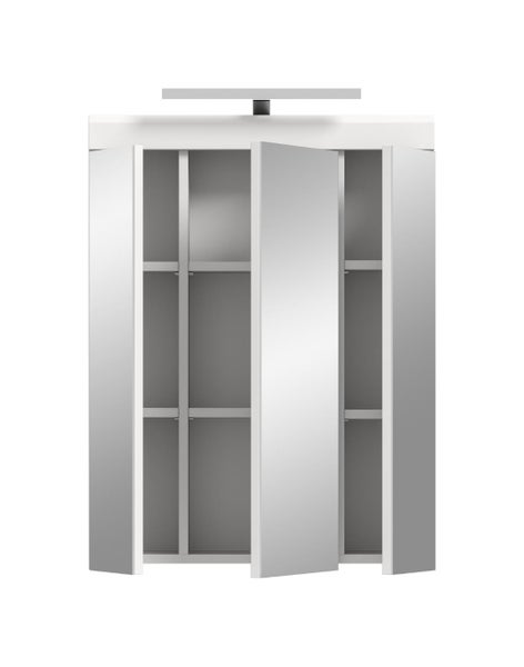 Dreitüriger Spiegelschrank fürs Badezimmer mit Beleuchtung und Einlegeböden.