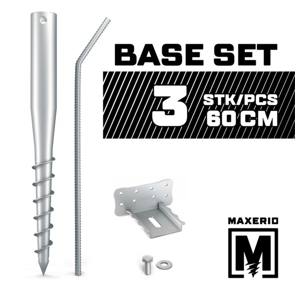 MAXERIO® 60 cm 3er Base-Set + Konsole Schraubfundament Bodenhülse Erdanker Erdschraube Einschraubhülse Erdschraubenfundament Bodenanker Schraubanker Fundament für Gartenhaus Terrasse Sauna Gewächshaus