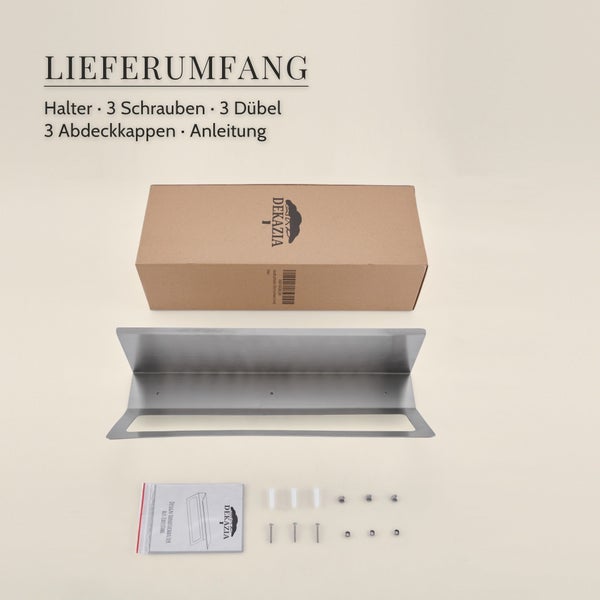 Handtuchhalter aus Edelstahl mit Montagematerial und Kartonverpackung inklusive Bedienungsanleitung und Abdeckkappen von Dekazia