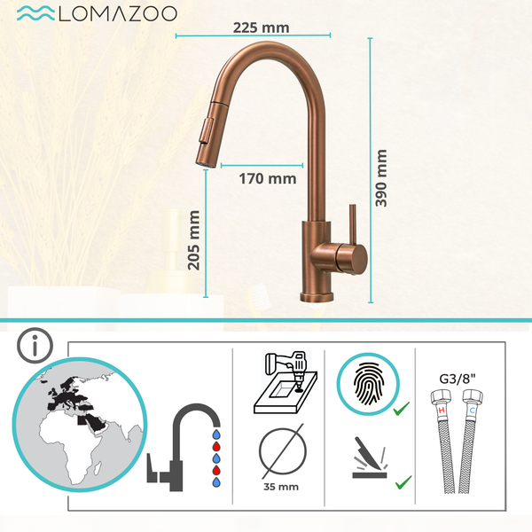Lomazoo Küchenarmatur mit herausziehbarer Brause, Maße und technische Symbole zur Montage und Ausstattung dargestellt.