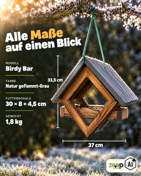 Hängendes Vogelhaus aus Holz Modell Birdy Bar mit Maßen 33,5 mal 37 Zentimeter und Futterschale.
