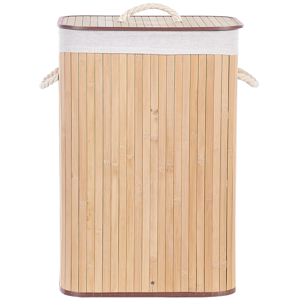Rechteckiger Wäschekorb aus Bambus mit Deckel und Seilgriffen.