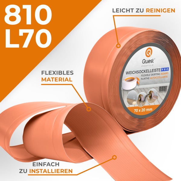 Quest Profile Weichsockelleiste Pro in 70 mal 20 Millimeter als flexible und selbstklebende Sockelleiste zum einfachen Anbringen und Reinigen.