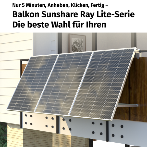 Drei Solarmodule der Balkon Sunshare Ray Lite-Serie montiert an einem Balkongeländer zur Gewinnung von Solarenergie.